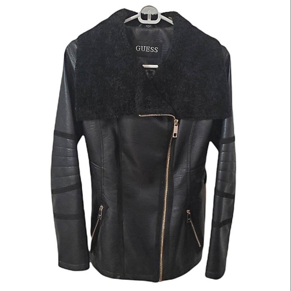 🆕️GUESS: Size XS/S. Faux Fur/Leather Winter Coat in Black. NWOT